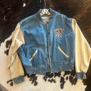 Denim Varsity Jacket with Beige Sleeves